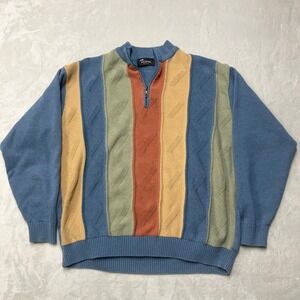 Vintage Tosani 1/4 Zip Sweater Mens XL Blue Colorful Vertical Stripe Cotton